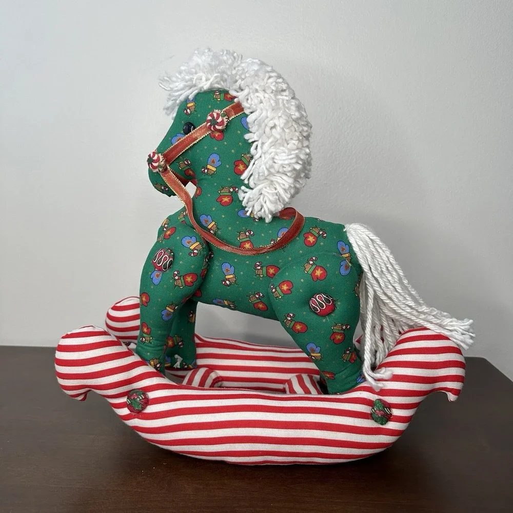 Handmade Rocking Horse Plush Christmas Holiday Quilted Patchwork Grannycore Red
